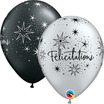 Image de HELIUM FILLED SINGLE 11" BALLOON - PRINTED - FÉLICITATIONS - NOIR ou ARGENT