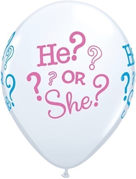 Picture of HELIUM FILLED SINGLE 11" BALLOON - PRINTED -  GENDER REVEAL - HE or SHE??