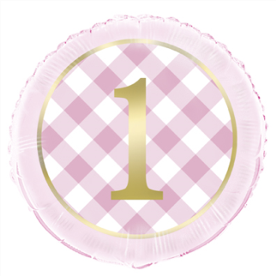 Image sur 18" FOIL - 1st BIRTHDAY PINK GINGHAM 