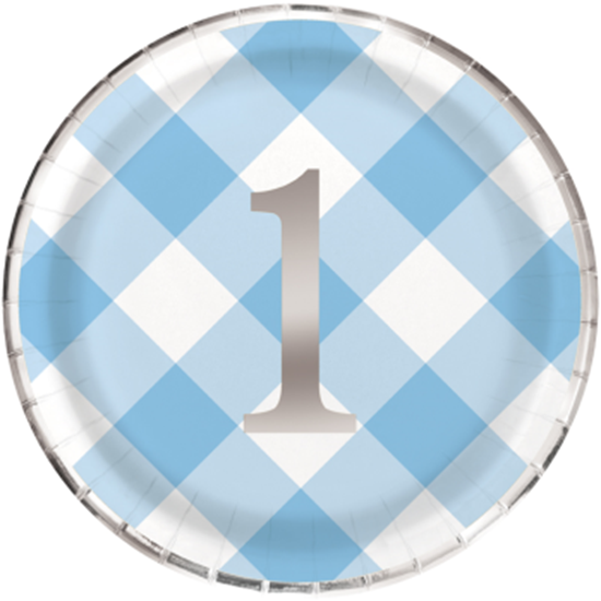 Picture of TABLEWARE - 1st BIRTHDAY BLUE GINGHAM - 9" PLATES
