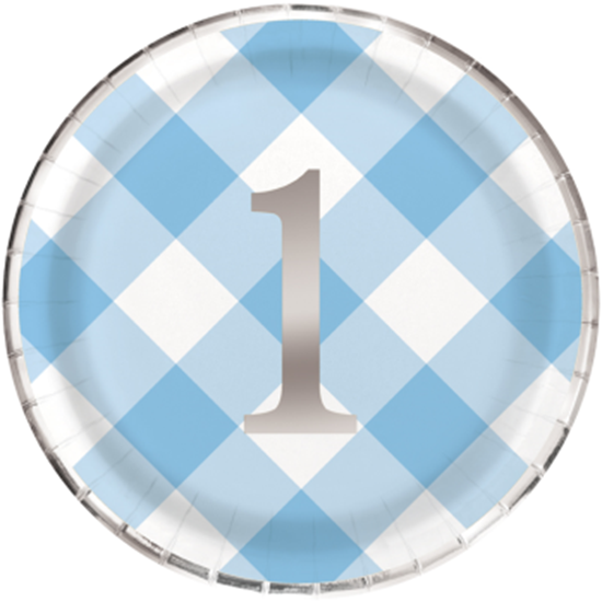 Image sur TABLEWARE - 1st BIRTHDAY BLUE GINGHAM - 9" PLATES