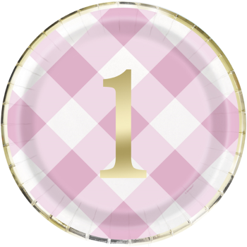 Image de TABLEWARE - 1st BIRTHDAY PINK GINGHAM - 9" PLATES