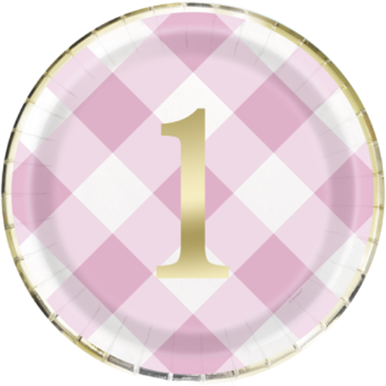 Image sur TABLEWARE - 1st BIRTHDAY PINK GINGHAM - 9" PLATES