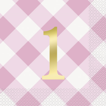 Image de TABLEWARE - 1st BIRTHDAY PINK GINGHAM - LUNCHEON NAPKIN