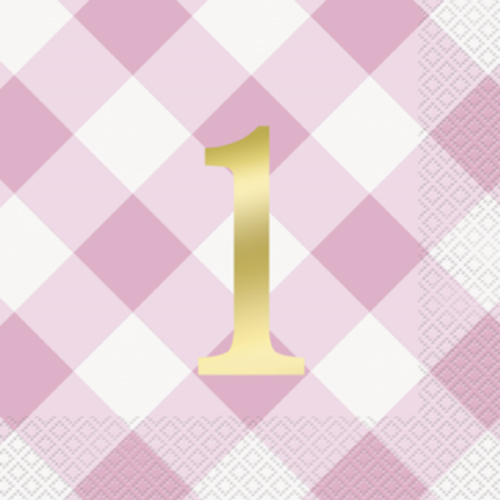 Image sur TABLEWARE - 1st BIRTHDAY PINK GINGHAM - LUNCHEON NAPKIN