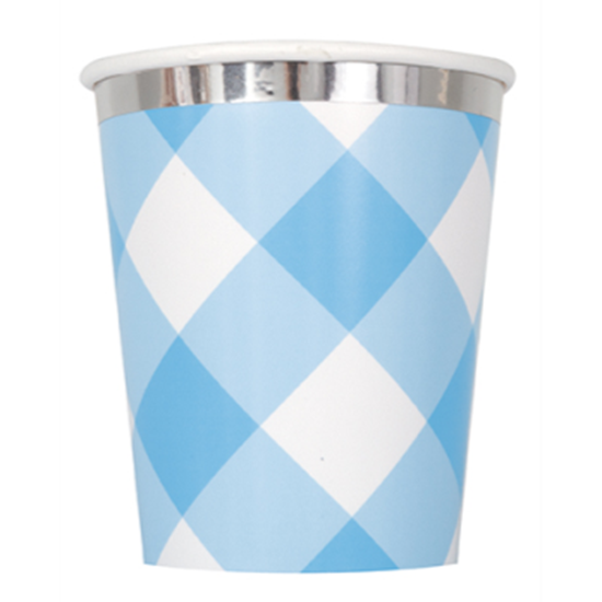 Picture of TABLEWARE - 1st BIRTHDAY BLUE GINGHAM - 9oz CUPS