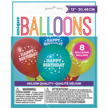 Image de 12" HAPPY BIRTHDAY 8/PKG - ASSORTED COLORS