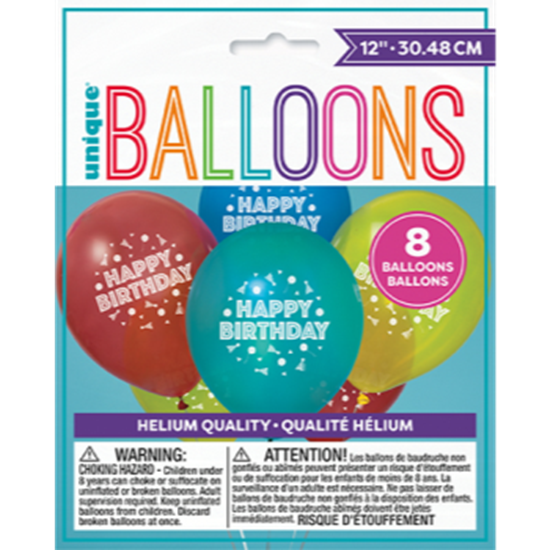 Picture of 12" HAPPY BIRTHDAY 8/PKG - ASSORTED COLORS