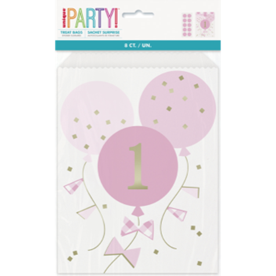 Image sur DECOR - 1st BIRTHDAY PINK GINGHAM - PAPER TREAT BAGS WITH SEALS
