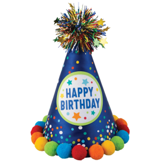 Image sur WEARABLES - HAPPY BIRTHDAY CONE HAT - BLUE WITH POM POMS