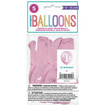 Image de 12" BALLOONS 1st BIRTHDAY PINK GINGHAM 