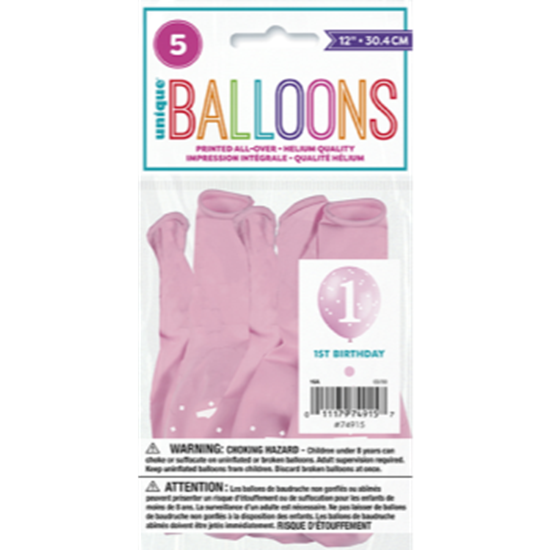 Image sur 12" BALLOONS 1st BIRTHDAY PINK GINGHAM 