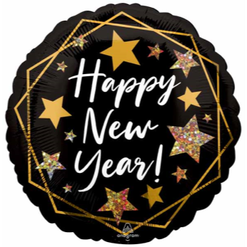 Image de 18" FOIL - HAPPY NEW YEAR STARS - BLACK AND GOLD