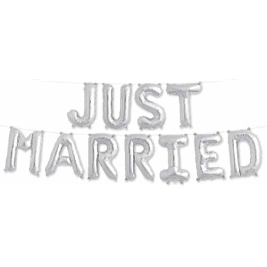 Image sur 16" JUST MARRIED SILVER MYLAR BALLOON BANNER KT
