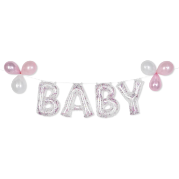 Picture of FOIL BALLOON BANNER KIT - BABY PINK - GLITTER CONFETTI BLUE - AIR FILLED 