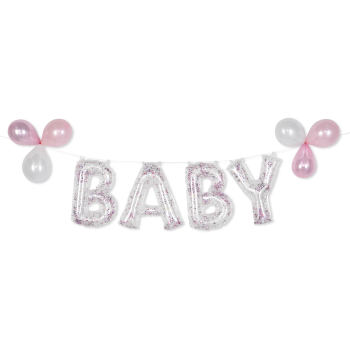 Image de FOIL BALLOON BANNER KIT - BABY PINK - GLITTER CONFETTI BLUE - AIR FILLED 