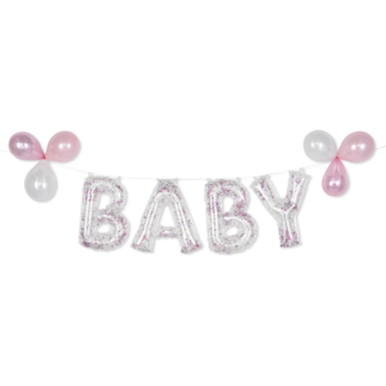 Image sur FOIL BALLOON BANNER KIT - BABY PINK - GLITTER CONFETTI BLUE - AIR FILLED 