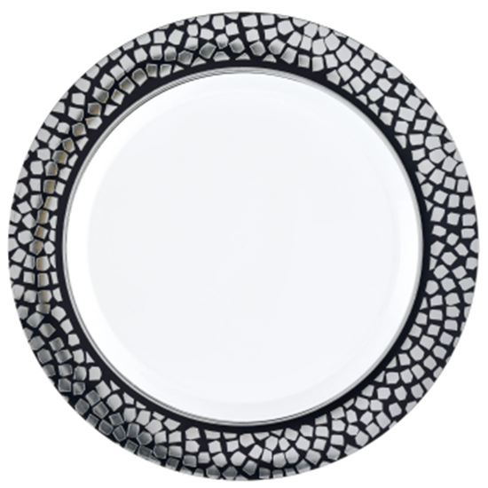 Image sur 10" ROUND BORDER PLATES - MOSAIC - SILVER/BLACK - 20/PK