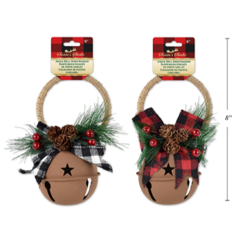 Picture of DECOR - RUSTED METAL JINGLE BELL DOOR KNOB HANGER WITH  BUFFALO PLAID BOW