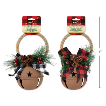 Image de DECOR - RUSTED METAL JINGLE BELL DOOR KNOB HANGER WITH  BUFFALO PLAID BOW