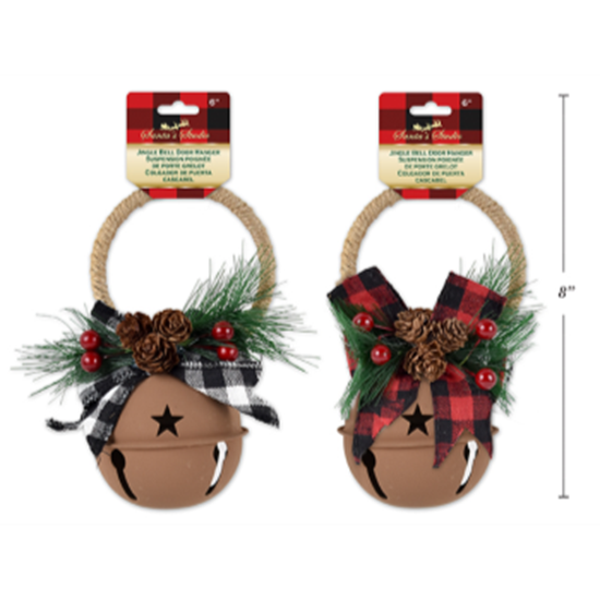 Image sur DECOR - RUSTED METAL JINGLE BELL DOOR KNOB HANGER WITH  BUFFALO PLAID BOW