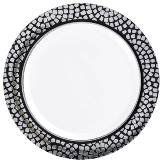 Image sur 7" ROUND BORDER PLATES - MOSAIC - SILVER/BLACK - 20/PK