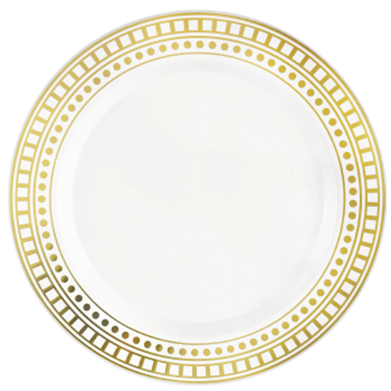 Image sur 10" ROUND BORDER PLATES - DOTS AND SQUARES - GOLD - 20/PK