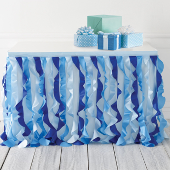 Image sur Blue Fabric Ruffle Table Skirt 6'