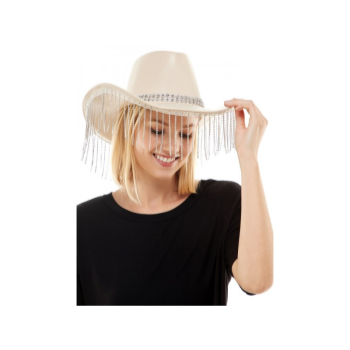 Image de HAT - Beige Leather Cowboy Hat with Diamond Fringe
