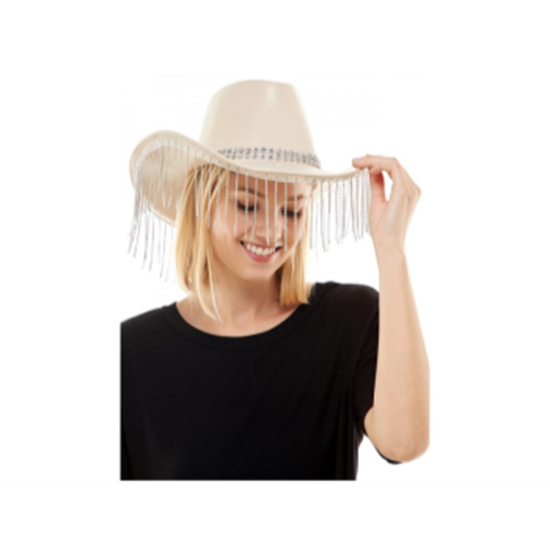 Image sur HAT - Beige Leather Cowboy Hat with Diamond Fringe
