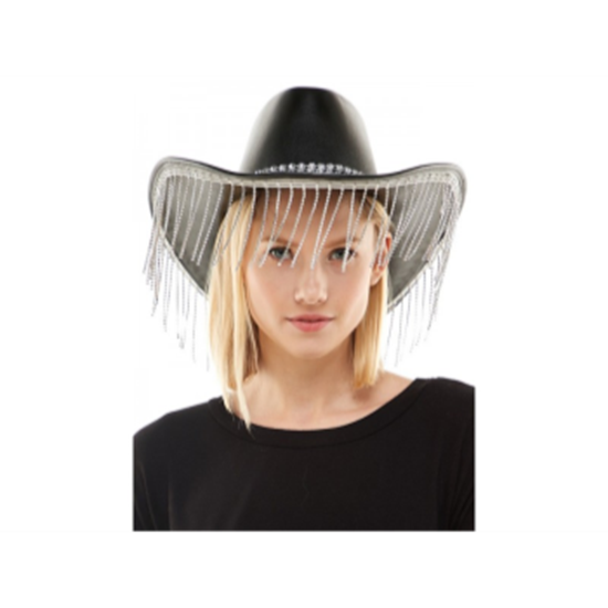 Image sur HAT - Black Leather Cowboy Hat with Diamond Fringe