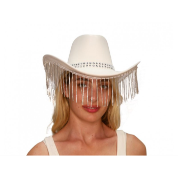 Image de HAT - White Leather Cowboy Hat with Diamond Fringe