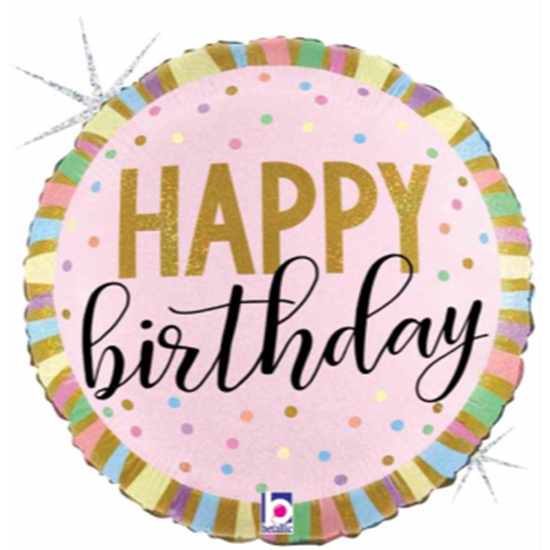 Image sur 18" FOIL - HAPPY BIRTHDAY PASTEL STRIPES HOLOGRAPHICS