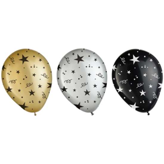 Image sur Confetti & Stars Printed Balloons - Black, Silver, Gold