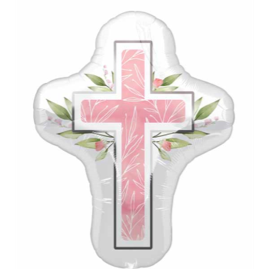 Image sur 28" FOIL - FIRST COMMUNION PINK CROSS SHAPE