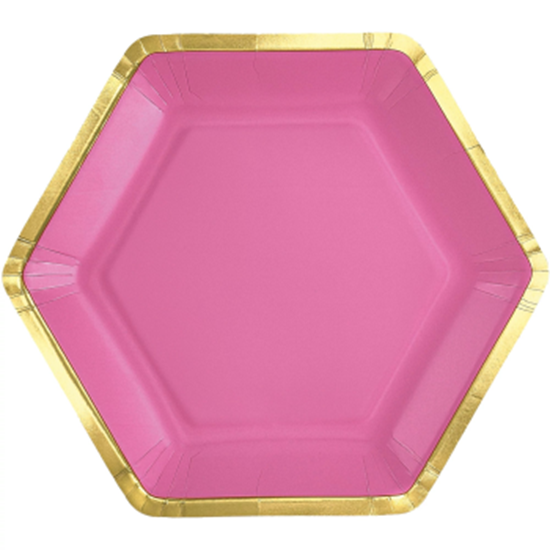 Image sur TABLEWARE - 9" Hex Metallic Paper Plate - Bright Pink