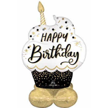 Image de AIRLOONZ - HAPPY BIRTHDAY CUPCAKE BLACK/GOLD - AIR FILLED