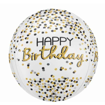 Image de BLACK SILVER GOLD HAPPY BIRTHDAY DOTS ORBZ BALLOON 