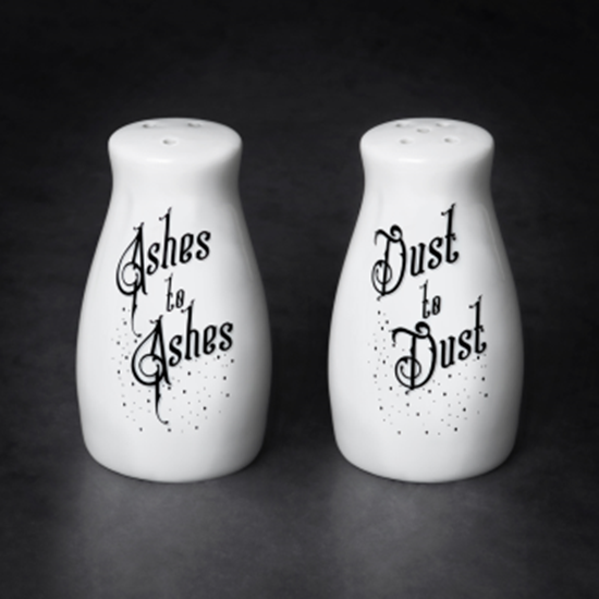 Image sur TABLEWARE - SALT/PEPPER SHAKER SET - ASHES TO ASHES/DUST TO DUST