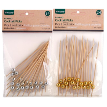 Picture of COCKTAIL - BAMBOO TROPICAL PICKS - GOLD or SILVER BALLS