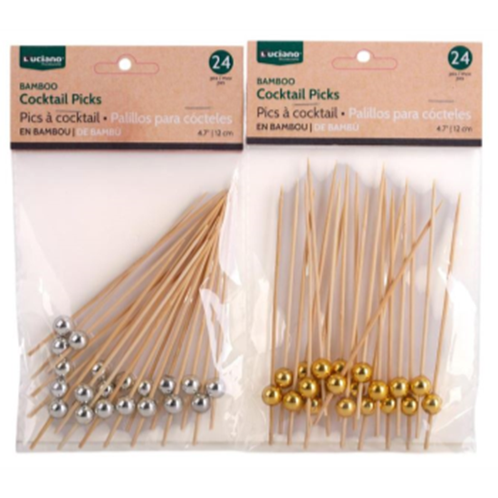 Image sur COCKTAIL - BAMBOO TROPICAL PICKS - GOLD or SILVER BALLS