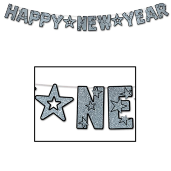 Picture of DECOR - GLITTER HAPPY NEW YEAR STREAMER 8' - SILVER/BLACK 