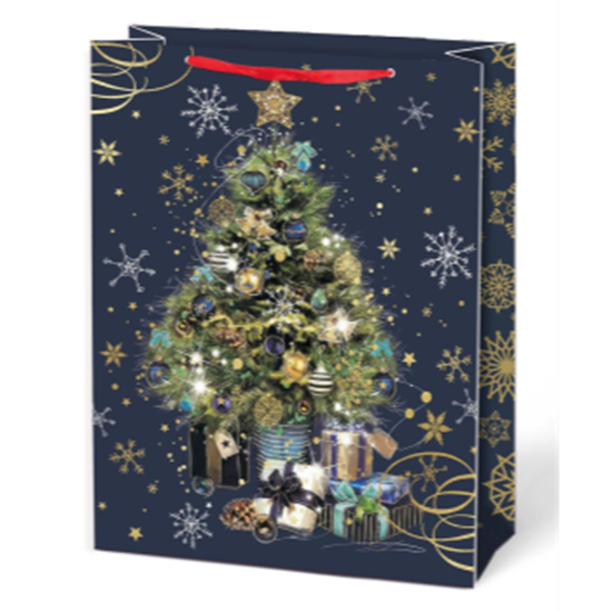 Picture of GIFT BAG - XMAS TREE NAVY ON KRAFT - MEDIUM