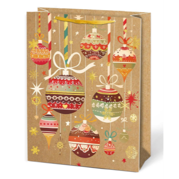 Picture of GIFT BAG - RED ORNAMENTS ON KRAFT - MEDIUM