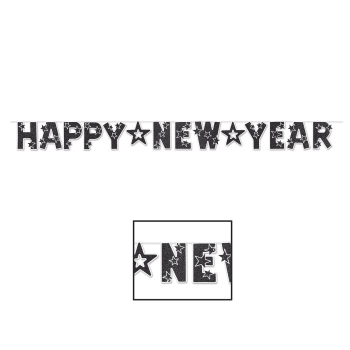 Picture of DECOR - GLITTER HAPPY NEW YEAR STREAMER 8' - WHITE/BLACK 