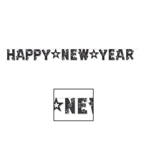 Picture of DECOR - GLITTER HAPPY NEW YEAR STREAMER 8' - WHITE/BLACK 