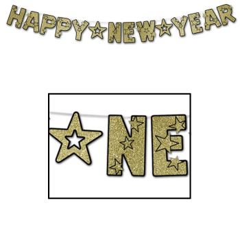 Picture of DECOR - GLITTER HAPPY NEW YEAR STREAMER 8' - GOLD/BLACK 