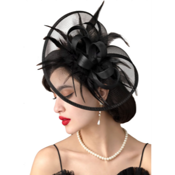 Picture of 20's - Black Fascinator with Feather and Ribbon Loops