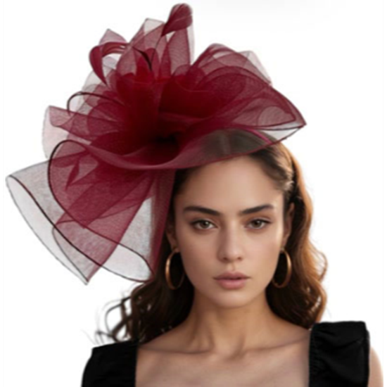 Picture of 20's - Elegant Burgundy Mesh Fascinator with Feather Accents
