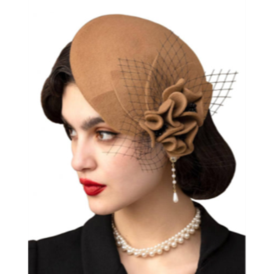 Picture of 20's - Vintage Brown Felt Fascinator with Floral and Netting